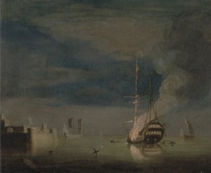 En tvådäckare i brand på natten utanför ett fort av Charles Brooking