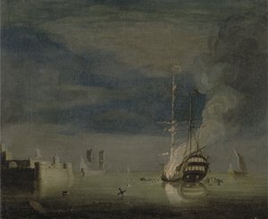 A Two-Decker on Fire at Night off a Fort, c.1740 (olja på duk) av Charles Brooking