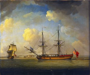 Fartyget "Naval Snow", ett brittiskt fartyg med två master som användes för att transportera förnödenheter till Royal Navy, i horisonten, Fort Tilbury, vid Themsen, England av Charles Brooking