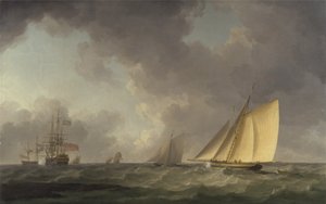 Cutter nära dragen i en frisk bris, med annan frakt av Charles Brooking