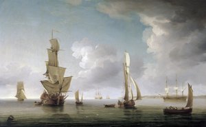 Sjöfart i Themsens mynning (England), stor variation av båtar och beskrivning av den engelska kusten. Olja på duk av Charles Brooking