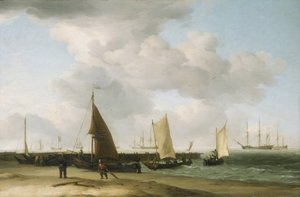 Scen på stranden med en krigsbyggnad i horisonten. Olja på duk av Charles Brooking