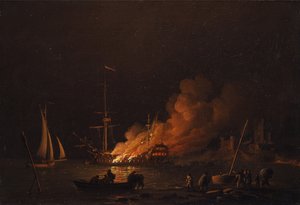 Fartyg i brand på natten, ca 1756
