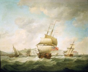 Handelsfartyg och en kunglig yacht i motvind utanför Dovers kust (England). Olja på duk, omkring 1750, av Charles Brooking (1723-1759). av Charles Brooking