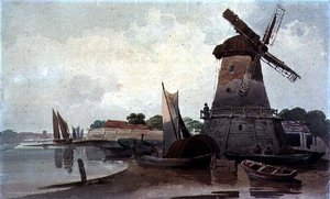 Utsikt över Themsen, med väderkvarn och båtar av Charles Calvert