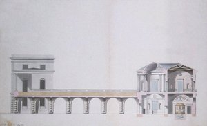 Tvärsnitt av agatpaviljongen och den hängande trädgården i Tsarskoye Selo, ca 1780 (penna och bläck med wc på papper) av Charles Cameron