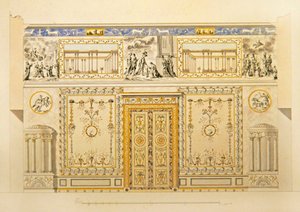 Förhöjning av en dörrvägg, Lyons Salong, Catherine Palace i Tsarskoye Selo, tidigt 1780-tal (penna, pensel, indisk bläck och akvarell på papper)