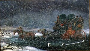 En diligens som kör en bäck i en snöstorm (olja på duk)
