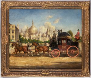 London-Brighton postbuss framför Royal Pavilion, Brighton