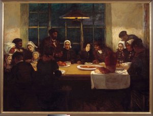 Avskedsmåltiden i havets land Breton familj samlades runt ett bord. Central panel av en triptyqye av Charles Cottet (1863-1924). 1898 Sön. 1,76x2,37 m Paris, musee d