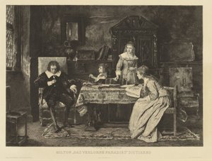 Milton, som sitter i en fåtölj, dikterar sitt paradis förlorat till en av sina döttrar. I den r.r.h. Munkacsy 1878. I marginalen: Ch. Courty d