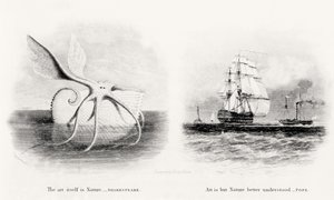 En gigantisk bläckfisk och två skepp till sjöss, graverad av George Cooke (1781-1834) av Charles Curtis