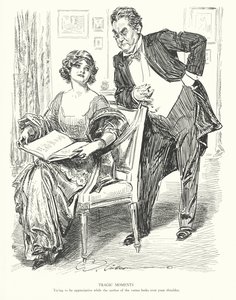 Tragiska ögonblick, Att försöka vara tacksam medan författaren till verserna tittar över axeln (litografi) av Charles Dana Gibson