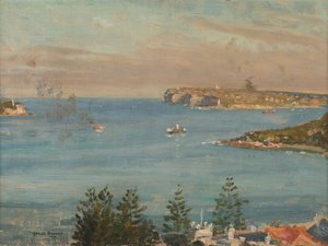 Ser mot Sydney Heads från norra delen av staden (olja ombord) av Charles David Jones Bryant