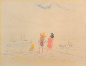 Två kvinnor och barn på stranden (wc och penna på papper) av Charles Demuth