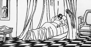 Melisande på besök hos Golaud, som ligger i sängen efter att ha fallit från sin häst, träsnitt av Charles Doudelet (1861-1938) för Pelleas och Melisande av Maurice Maeterlinck (1862-1949), utgiven av Claudio Argentieri, Spoleto, Italien