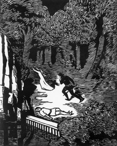 Träsnitt av Charles Doudelet (1861-1938) för Pelleas och Melisande av Maurice Maeterlinck (1862-1949), utgiven av Claudio Argentieri, Spoleto, Italien