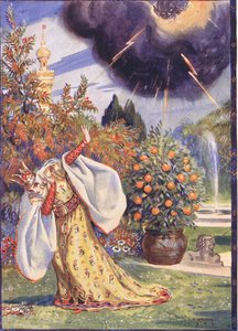 A thick cloud appeared from which forks of lightning were darting out, scene from Sucna Murga in Childrens Stories from Rumanian Legends by Moses Gaster (1856-1939) 1921  av Charles Edmund Brock