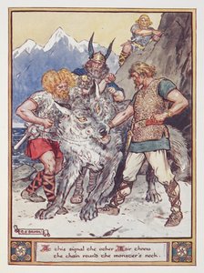 "Vid denna signal kastade den andre esiren kedjan runt monstrets hals. Tyr lovar sin hand att kedja vargen Fenrir", illustration från "The Heroes of Asgard", av Annie Keary, publ. 1930 (lito i färg) av Charles Edmund Brock