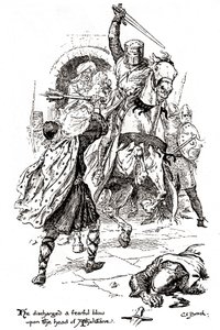 Athelstane blir slagen med ett svärd av Bois-Guilbert, i Ivanhoe