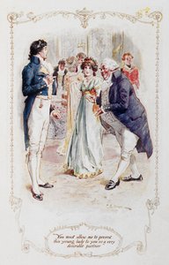 Sir William Lucas: "Mr, Darcy, du måste tillåta mig att presentera denna unga dam för dig som en mycket önskvärd partner (Elizabeth Bennet)," illustration till "Pride and Prejudice" av Jane Austen