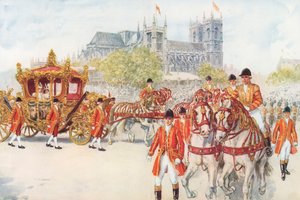Kröningsvagnen svänger in på banvallen (färg litho) av Charles Edmund Brock
