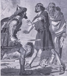 Coesus liv räddat av sin död och dumme son, från My Magazine, pub.1922 (litho) av Charles Edmund Brock