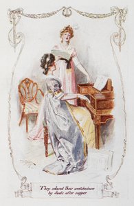 "De tröstade sin elände med duetter efter kvällsmaten", illustration från "Stolthet och fördom" av Jane Austen (lito i färg) av Charles Edmund Brock