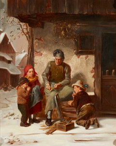 Reparera släden (olja på duk) av Charles Edouard (attr.to) Frere