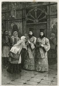 Pritres som ger en kyss till de heliga bilderna, graverad av Ch. Delort, för att illustrera Henri Belles resa till Grekland 1861, 1868 och 1874, publicerad i tour du monde, under ledning av Edouard Charton av Charles Edouard Delort