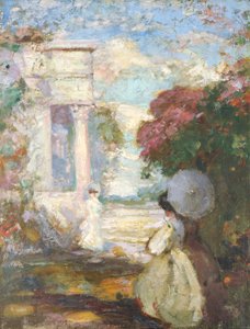 Lyriskt landskap med två figurer i 1800-talsklänning, 1890-1900