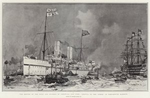 Hertigen och hertiginnan av Cornwall och York återvänder och Ophir anländer till Portsmouths hamn.