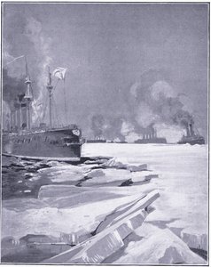 Vladivostok-skvadronen tvingar sig genom isen ut ur hamnen i Vladivostok, illustration från Cassells History of the Russian-Japanese War Vol 1, c.1900 av Charles Edward Dixon