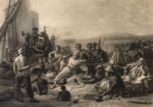 "Scen på Afrikas kust": slavar och slavägare väntar på transport till utlandet. av Charles Edward Wagstaff