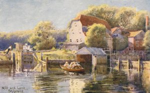 Floden Themsen: Kvarn och sluss Shiplake (färglitografi) av Charles Edwin Flower