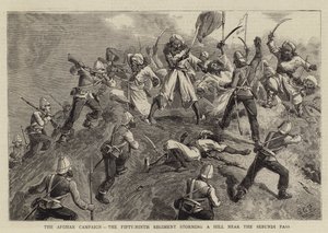 Den afghanska kampanjen, det femtionionde regementet stormar en kulle nära Sebundi-passet. av Charles Edwin Fripp