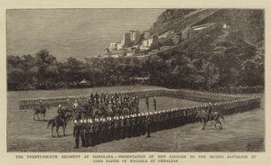Det tjugofjärde regementet i Isandlana, presentation av nya färger för andra bataljonen av Lord Napier av Magdala i Gibraltar av Charles Edwin Fripp
