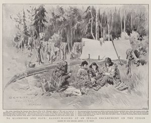 Till Klondyke och tillbaka, korgtillverkning vid ett indiskt läger vid Yukon (litho)