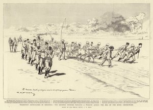 Transportsvårigheter i Rhodesia, sjunde husarerna drar en vagn över Umzingwane-flodens bädd. av Charles Edwin Fripp