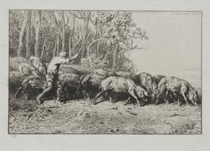 Flock grisar som lämnar en skog av Charles Emile Jacque