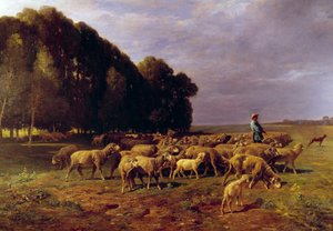 Fårflock i ett landskap eller "" Herde som driver en fårhjord på slätten"" Målning av Charles Jacque (1813-1894) 1800-talet sön. 1,76x2,8 m av Charles Emile Jacque