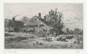Herde med flock på en väg längs en bondgård av Charles Emile Jacque