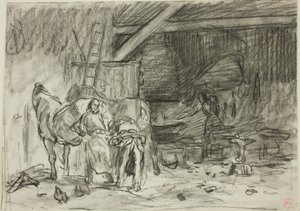 Interiör från en smedja (recto); Man som böjer sig framåt, sedd från Read (verso) av Charles Emile Jacque