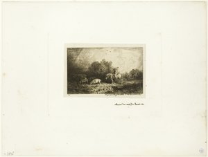 Landskap med man på hästryggen, grisar och ko av Charles Emile Jacque