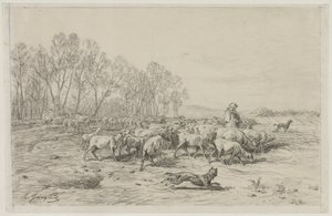Landskap med en fårflock, 1800-tal. av Charles Emile Jacque