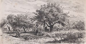 Plocka frukt från träd utanför stugan, ca. 1852. av Charles Emile Jacque