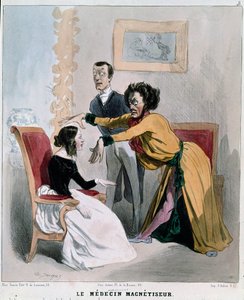 Serie "" sjuka och läkare"": magnetistläkaren. Tecknad film av en hypnotisör mitt i hypnosen om en patient. Gravyr av Charles Jacques av Charles Emile Jacque