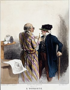 Serien "sjuka och läkare"": oculist. Tecknad film av en läkare under en medicinsk konsultation av en patient för hans ögon. Gravyr av Charles Jacques av Charles Emile Jacque