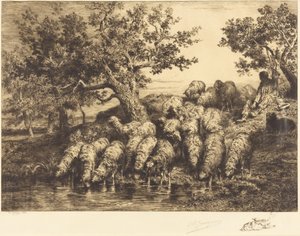 Får vid vattenplatsen av Charles Emile Jacque