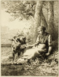 Herde med fårflock vid kanten av trä av Charles Emile Jacque